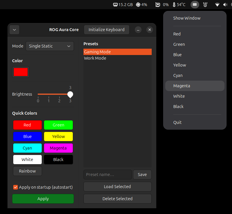 ROG AuraCore GUI showing lighting mode controls and color picker