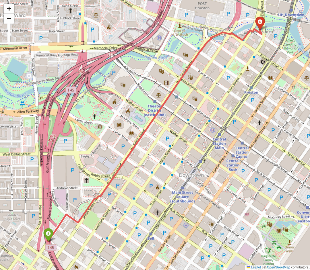 Interactive folium map of the shortest walking route across downtown Houston, computed by our RoutePlanner, on OpenStreetMap tiles