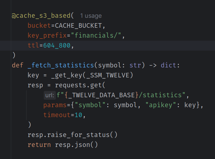 Python backend code showing S3-based caching decorator pattern
